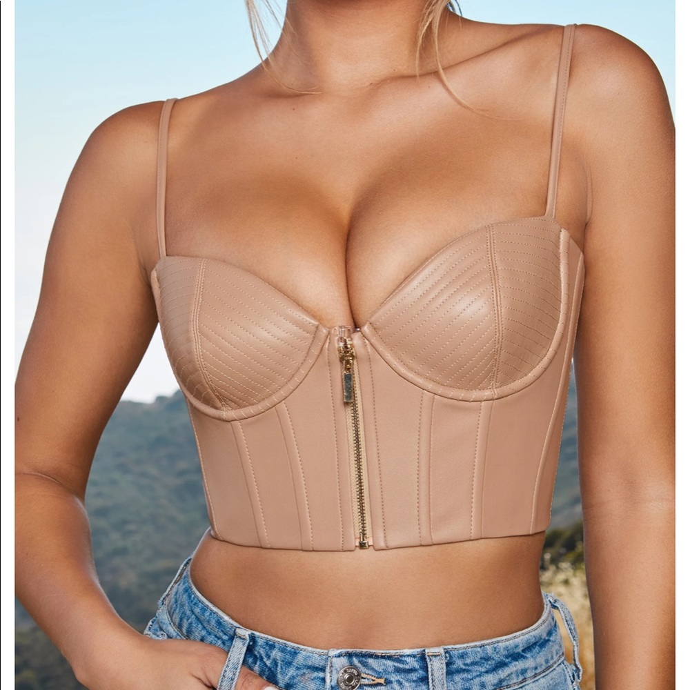 Faux Leather Underwired Bustier Crop Top in Stone
